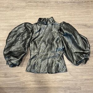 Ganni Metallic Silver Jacquard Puff Sleeve Blouse